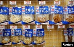 Japanese squid snacks are displayed at a retail shop in Tokyo, Japan, Sept. 13, 2018.