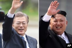 Presiden Korea Selatan, Moon Jae-in (kiri), di Seoul, Korea Selatan, 10 Mei 2017 dan pemimpin Korea Utara, Kim Jong-un, 15 April 2017. (Foto: dok).