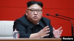 North Korean leader Kim Jong Un takes part in the 4th Plenary Meeting of the 7th Central Committee of the Workers' Party of Korea (WPK) in Pyongyang in this April 10, 2019, photo released April 11, 2019 by North Korea's Korean Central News Agency.