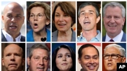 The line up of U.S. Democratic presidential candidates who will participate in the party's first of two nights of debate in Miami on June 26, 2019, in a combination file photos.