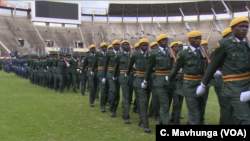 Members of the Zimbabwe National Army rehearse, April 16, 2019, for this Thursday's Independence Day celebrations in Harare (Columbus S. Mavhunga)