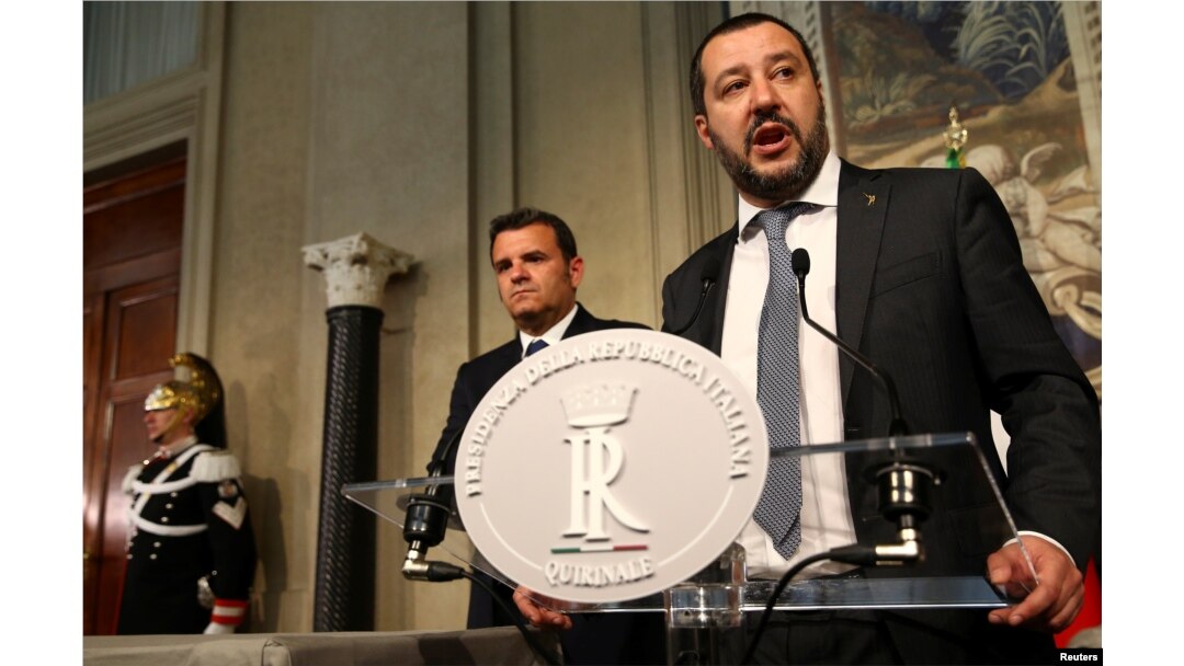 FILE - League party leader Matteo Salvini speaks to the media at the Quirinal Palace in Rome, Italy, April 5, 2018.