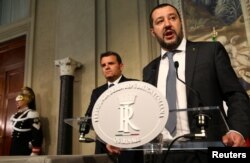 FILE - League party leader Matteo Salvini speaks to the media at the Quirinal Palace in Rome, Italy, April 5, 2018.