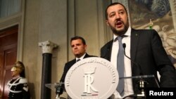 FILE - League party leader Matteo Salvini speaks to the media at the Quirinal Palace in Rome, Italy, April 5, 2018. 