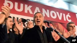FILE - Montenegro's long-ruling Democratic Party of Socialists leader Milo Djukanovic speaks during a celebration after presidential elections in Montenegro's capital, Podgorica, April 15, 2018.