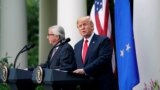 U.S. President Donald Trump and President of the European Commission Jean-Claude Juncker speak about trade relations in the Rose Garden of the White House in Washington, U.S., July 25, 2018. 