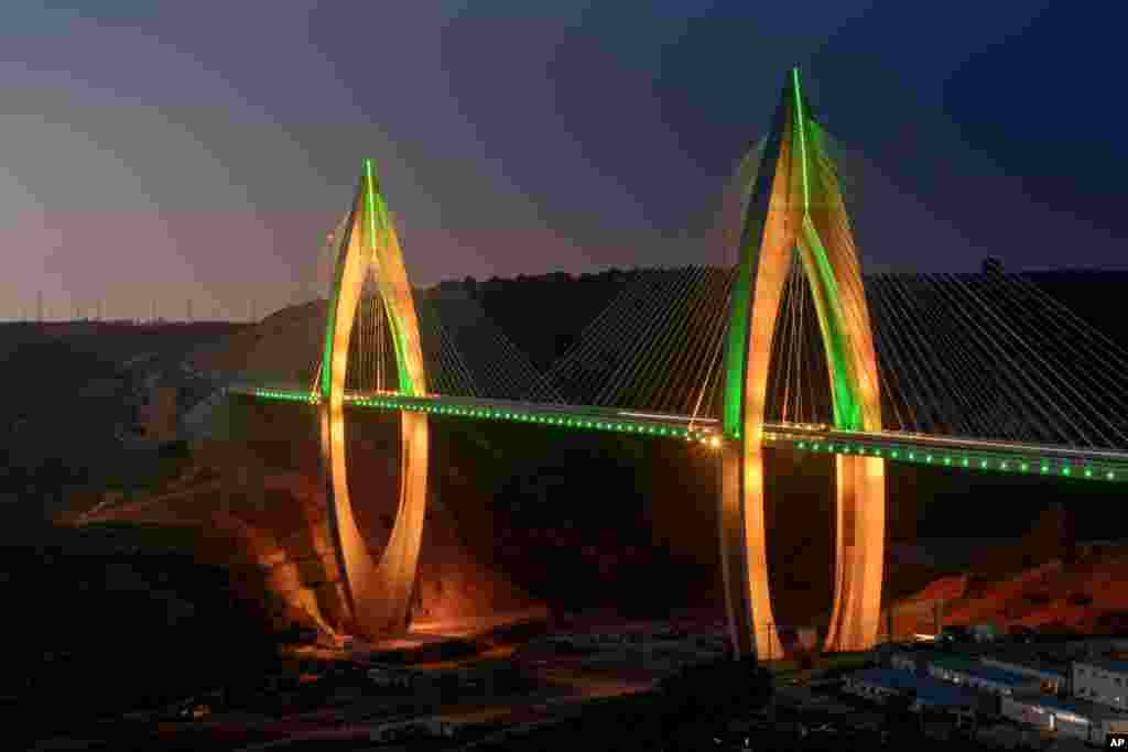 The Mohammed VI Bridge illuminates the desert outside Morocco&#39;s capital city, Rabat.