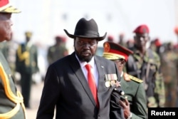 South Sudan's president Salva Kiir attends a medals awarding ceremony for long serving servicemen of the South Sudan People's Liberation Army in the Bilpam, military headquarters in Juba, South Sudan Jan. 24, 2019.
