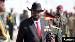 FILE - South Sudanese President Salva Kiir attends an awards ceremony for long-serving servicemen of the South Sudan People's Liberation Army in the Bilpam military headquarters in Juba, South Sudan, Jan. 24, 2019.