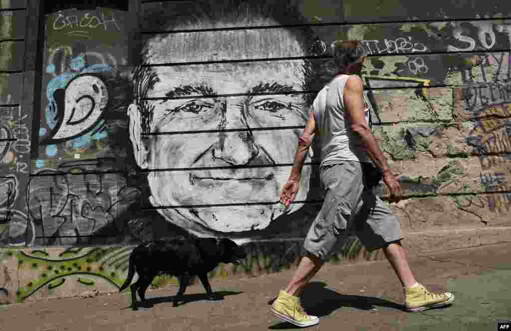A man and his dog walk past a mural of actor Robin Williams in downtown Belgrade, Serbia. Unknown artists painted the mural following the news that he died of an apparent suicide at the age of 63.