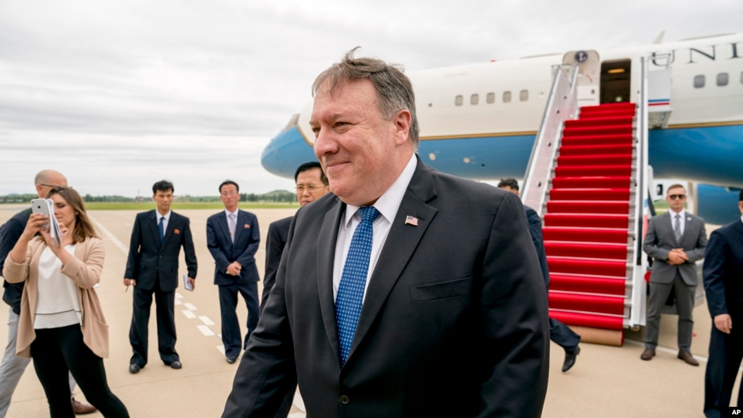 U.S. Secretary of State Mike Pompeo arrives at Sunan International Airport in Pyongyang, North Korea, Friday, July 6, 2018. 