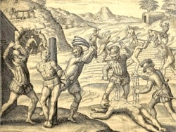 1598, Theodori de Bry illustration for Bartolomé de las Casas' expose on the cruelty of Spanish conquistadors toward Native peoples.
