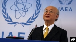 FILE - International Atomic Energy Agency chief Yukiya Amano addresses the media during a news conference at the International Center in Vienna, Austria, Jan. 19, 2016.