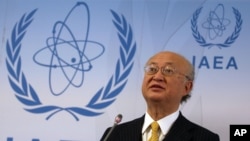 FILE - International Atomic Energy Agency chief Yukiya Amano addresses the media during a news conference at the International Center in Vienna, Austria, Jan. 19, 2016.