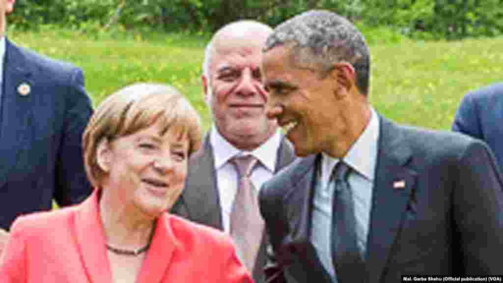 Angela Markel Shugabar Gwamnatin Jamus da Shugaban Amurka Obama a Taron G7, Munich, Yuni 8, 2015.