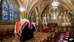 The coffin of former British prime minister Margaret Thatcher rests in the Crypt Chapel of St. Mary Undercroft, at the Palace of Westminster in London, April 16, 2013.