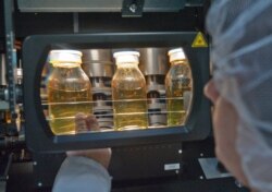 FILE - A worker checks bottles with blood plasma derivatives at the Octapharma company in Dessau, Germany, Oct. 7, 2009.