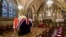 The coffin of former British prime minister Margaret Thatcher rests in the Crypt Chapel of St. Mary Undercroft, at the Palace of Westminster in London, April 16, 2013.