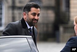 FILE — Scotland's first minister and Scottish National Party leader Humza Yousaf arrives at St Giles' Cathedral to attend the National Service of Thanksgiving and Dedication for Britain's King Charles III and Queen Camilla in Edinburgh, Scotland, July 5, 2023.