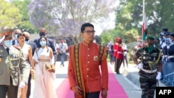 FILE: President of the Republic of Madagascar Andry Rajoelina (C) arrives the Queen's Palace of Manjakamiadana, in the upper city of Antananarivo, on November 6, 2020. 
