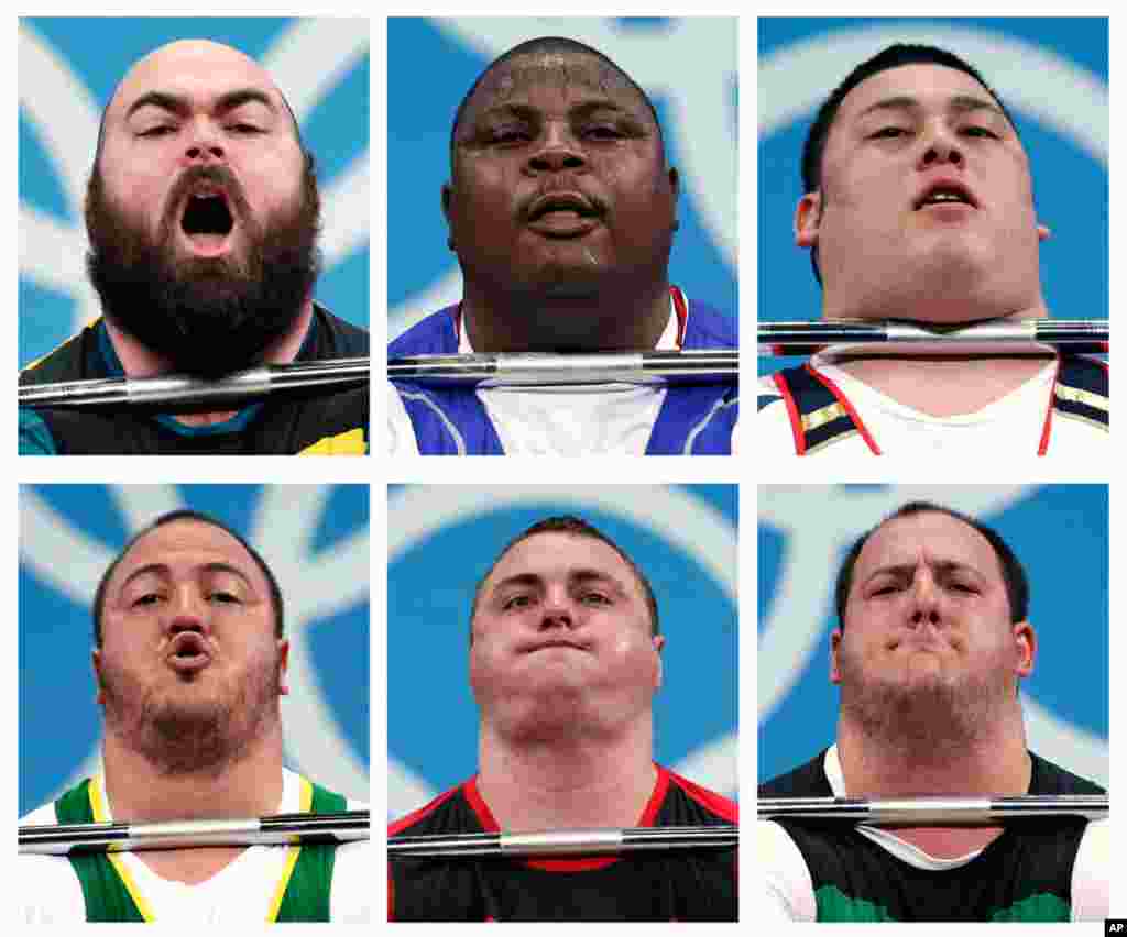 Competitors in men's over 105-kg weightlifting. From top left, Damon Kelly of Australia, Frederic Fokejou Tefot of Cameroon, Kazuomi Ota of Japan. Second row, Fernando Saraiva Reis of Brazil, Yauheni Zharnasek of Belarus and Peter Nagy of Hungary.
