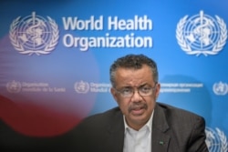 FILE - World Health Organization (WHO) Director-General Tedros Adhanom Ghebreyesus speaks during a press conference to discuss the coronavirus outbreak, in Geneva, Switzerland, Jan. 30, 2020.