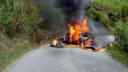 Un vehículo quemado por la guerrilla ELN en Colombia durante el paro armado del 16 de febrero de 2020. (Foto de Twitter)