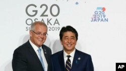 아베 신조 일본 총리와 스콧 모리슨 호주 총리가 지난해 6월 일본 오사카에서 회담했다.
