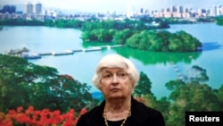 U.S. Treasury Secretary Janet Yellen attends a press briefing at the Guangdong Zhudao Guest House, in Guangzhou, Guangdong province, China, April 6, 2024.