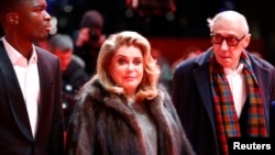 Director and screenwriter Andre Techine and actors Catherine Deneuve and Stephane Bak arrive for the screening of the movie "L' adieu a la nuit" (Farewell to the Night) at the 69th Berlinale International Film Festival in Berlin, Germany, Feb. 12, 2019. 