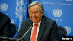 UN Secretary General Antonio Guterres speaks at a news conference ahead of the 72nd United Nations General Assembly at U.N. headquarters in New York, September 13, 2017. REUTERS/Mike Segar