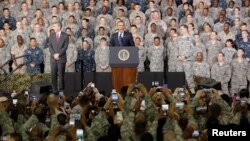 U.S. President Barack Obama addresses U.S. military personnel at U.S. military base Yongsan Garrison in Seoul, South Korea, April 26, 2014.