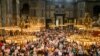 Worshippers pray in Hagia Sophia, in Istanbul, on July 26, 2020, during the first Muslim prayers since the controversial reconversion of the iconic Istanbul cathedral into a mosque.