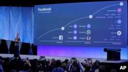 FILE- In this April 12, 2016, file photo, Facebook CEO Mark Zuckerberg talks about the company's 10-year roadmap during the keynote address at the F8 Facebook Developer Conference in San Francisco. 