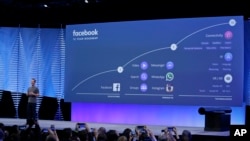 FILE- In this April 12, 2016, file photo, Facebook CEO Mark Zuckerberg talks about the company's 10-year roadmap during the keynote address at the F8 Facebook Developer Conference in San Francisco. 