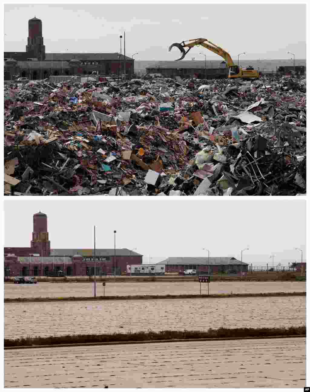This combination of Nov. 14, 2012 and Oct. 17, 2013 photos shows construction equipment working on debris collected during the cleanup from Superstorm Sandy in the parking lot of Jacob Riis Park in the Rockaway section of New York.