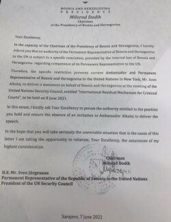 Pismo Milorada DOdika upućeno predsjedavajućem Vijeća sigurnosti UN-a