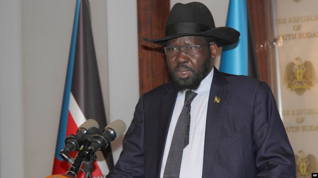 President of South Sudan Salva Kiir speaks on the occasion of the sixth anniversary of his country's independence at the presidential palace in Juba, July 9, 2017. For the second year in a row, the young nation will not have any official celebrations to mark the anniversary of its birth because of the widespread suffering caused by its ongoing civil war. 
