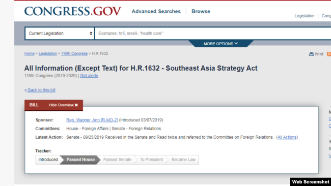 Quốc hội Hoa Kỳ cập nhật tiến độ của Dự luật Southeast Asia Strategy Act. Photo Congress