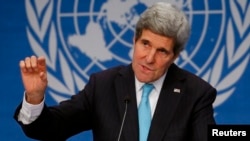 US Secretary of State John Kerry at a news conference at the Geneva-2 talks in Montreux, Jan. 22, 2014.