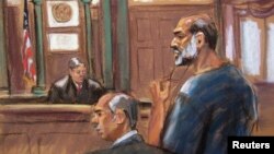 FILE- An artist sketch shows Suleiman Abu Ghaith, a militant who appeared in videos as a spokesman for al-Qaida after the September 11, 2001 attacks, appearing at the U.S. District Court in Manhattan, March 8, 2013.