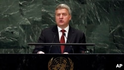 Macedonia's President Gjorge Ivanov addresses the 73rd session of the U.N. General Assembly, at U.N. headquarters in New York, Sept. 27, 2018. 