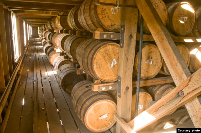 Maturing barrels of whiskey in a barrel house on the grounds of the Jack Daniel Distillery in Lynchburg, Tennessee. (Photo courtesy Jack Daniel's)