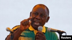 African National Congress (ANC) President Cyril Ramaphosa addresses supporters during the Congress' 106th anniversary celebrations, in East London, South Africa, Jan. 13, 2018.