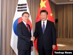 문재인(왼쪽) 한국 대통령과 시진핑 중국 국가주석이 6일 베를린 인터콘티넨탈호텔에서 만나 악수하고 있다.