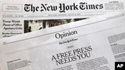 An editorial titled "A Free Press Needs You" is published in The New York Times, Aug. 16, 2018, in New York. Newspapers from Maine to Hawaii pushed back against President Donald Trump's attacks on "fake news" Thursday with a coordinated series of editorials speaking up for a free and vigorous press. The Boston Globe, which set the campaign in motion by urging the unified voice, had estimated that some 350 newspapers would participate.