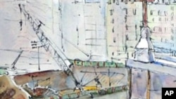 A watercolor by Aggie Kenny of workers at ground zero