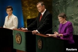 Former New Zealand Prime Minister Helen Clark (R) speaks during a debate in the United Nations General Assembly between candidates vying to be the next U.N. Secretary General at U.N. headquarters in Manhattan, New York, July 12, 2016.