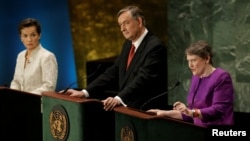 Former New Zealand Prime Minister Helen Clark (R) speaks during a debate in the United Nations General Assembly between candidates vying to be the next U.N. Secretary General at U.N. headquarters in Manhattan, New York, July 12, 2016.