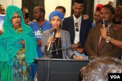 Ilhan Omar gives a victory speech after winning a key primary in Minneapolis with a goal of becoming the first Somali-American state legislator, Aug. 9, 2016. (M. Olad Hassan/VOA)